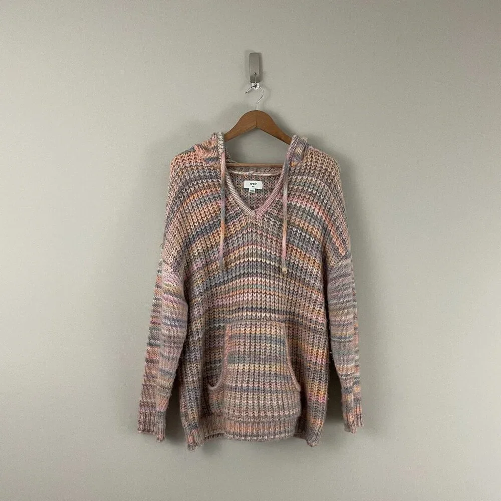 Aerie Street Comfy Rainbow Pastel Wool Blend Hooded Sweater Size Medium